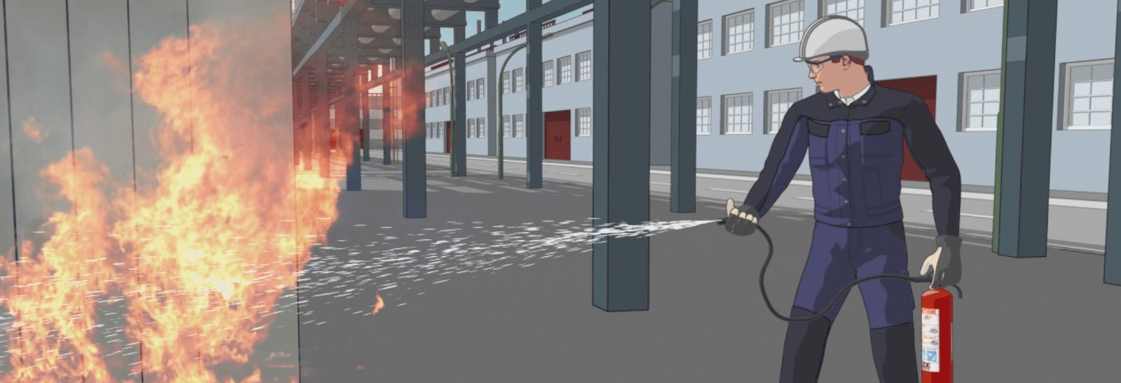 Sicherheitsunterweisungen Illustration einer Brandschutzübung im E-Learning-Format für Arbeitssicherheit und Schulungen