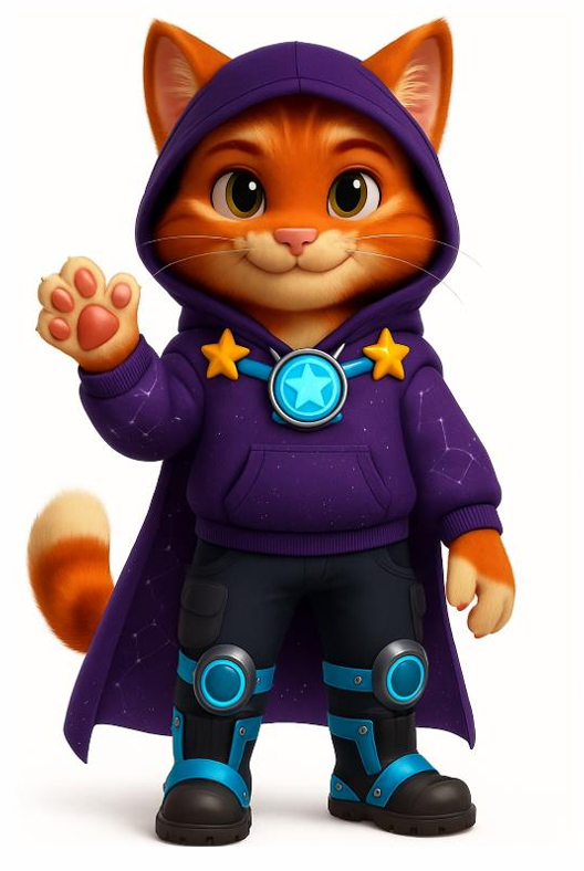 3D-Charakter Zallo als Zauberkater vor weißem Hintergrund für ein interaktives E-Learning-Abenteuer der Grundschule.