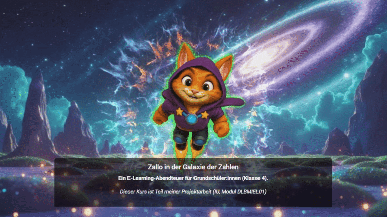 E-Learning-Szene mit dem Charakter Zallo im Weltall als Einstieg in das Lernabenteuer ‚Galaxie der Zahlen.