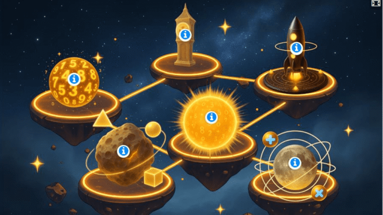 Illustrative Levelkarte des E-Learning-Prototyps mit Lernstationen zu Zahlen, Mustern und mathematischen Aufgaben.