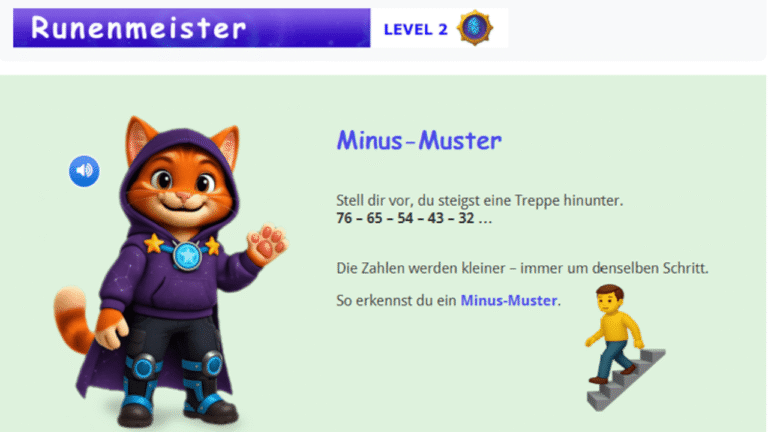 Interaktive Übungsseite für Grundschulkinder mit Zallo und einer Minus-Muster-Aufgabe aus dem Lernabenteuer.