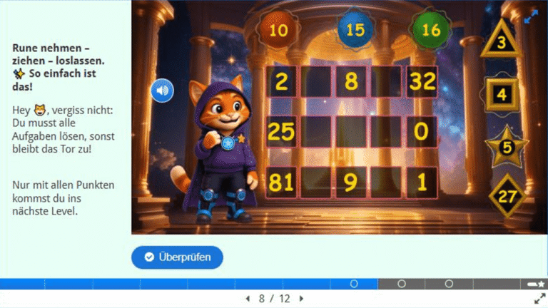 Gamification-Lernspiel mit KI-Charakter und interaktivem Zahlenraster