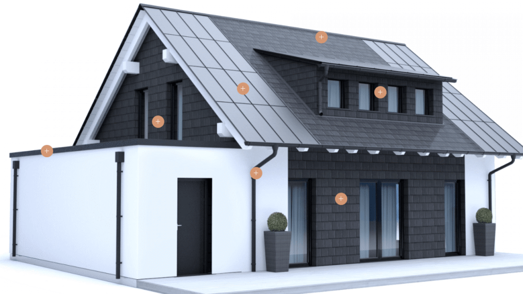 3D-Architekturmodell eines Wohnhauses mit Schnittdarstellung von Dach und Fassadenaufbau.