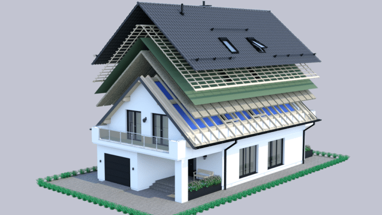 D-Hausmodell mit detailliertem Dachaufbau in technischer Visualisierung