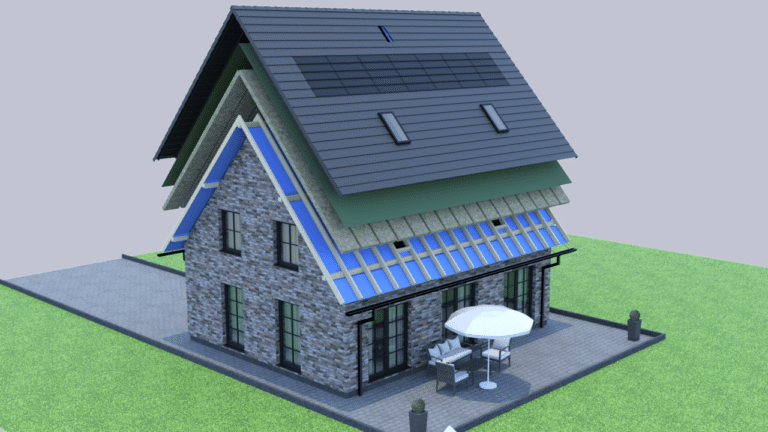 3D-Modell eines Einfamilienhauses mit animierter Darstellung der Montage und integrierten Solarsystemen.