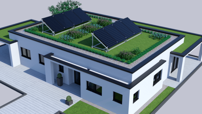 3D-Visualisierung eines modernen Gebäudes mit dachintegrierten Solarpanels und begrüntem Dach.