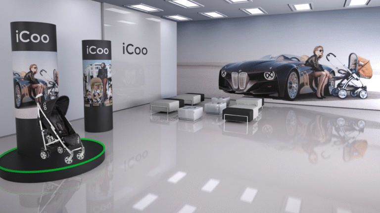 3D-Rendering des iCoo-Messestands mit integriertem Luxusfahrzeug zur Markeninszenierung.