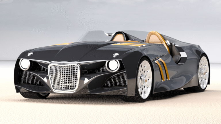 Detailreiche 3D-Visualisierung eines ummodellierten und texturierten Luxusfahrzeugs für Markenpräsentationen.