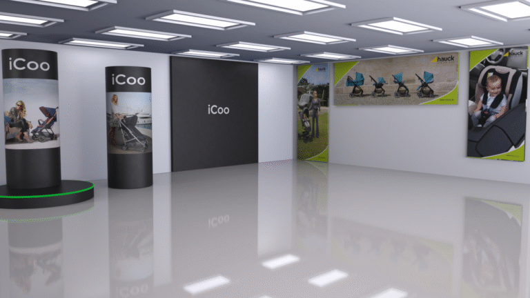 3D-Visualisierung eines modernen Lifestyle-Messestands mit großformatigen Markenflächen und Produktpräsentationen der Marke iCoo.