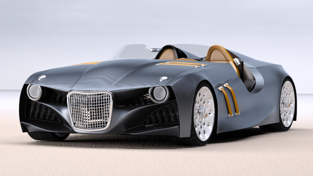 Fotorealistische 3D-Visualisierung eines Sportwagens mit detaillierter Modellierung und Materialien.