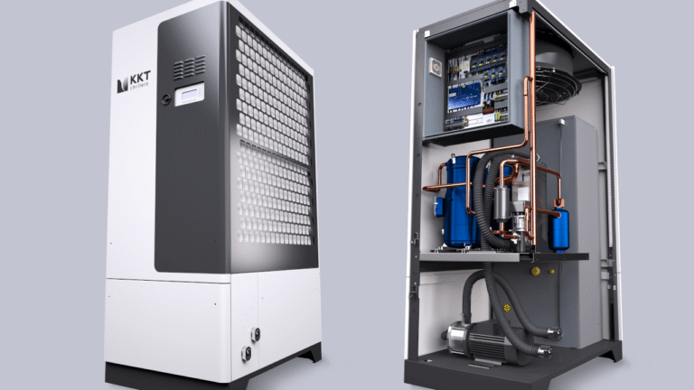 3D-Darstellung einer technischen Anlage mit geöffnetem Gehäuse zur Visualisierung interner Komponenten.