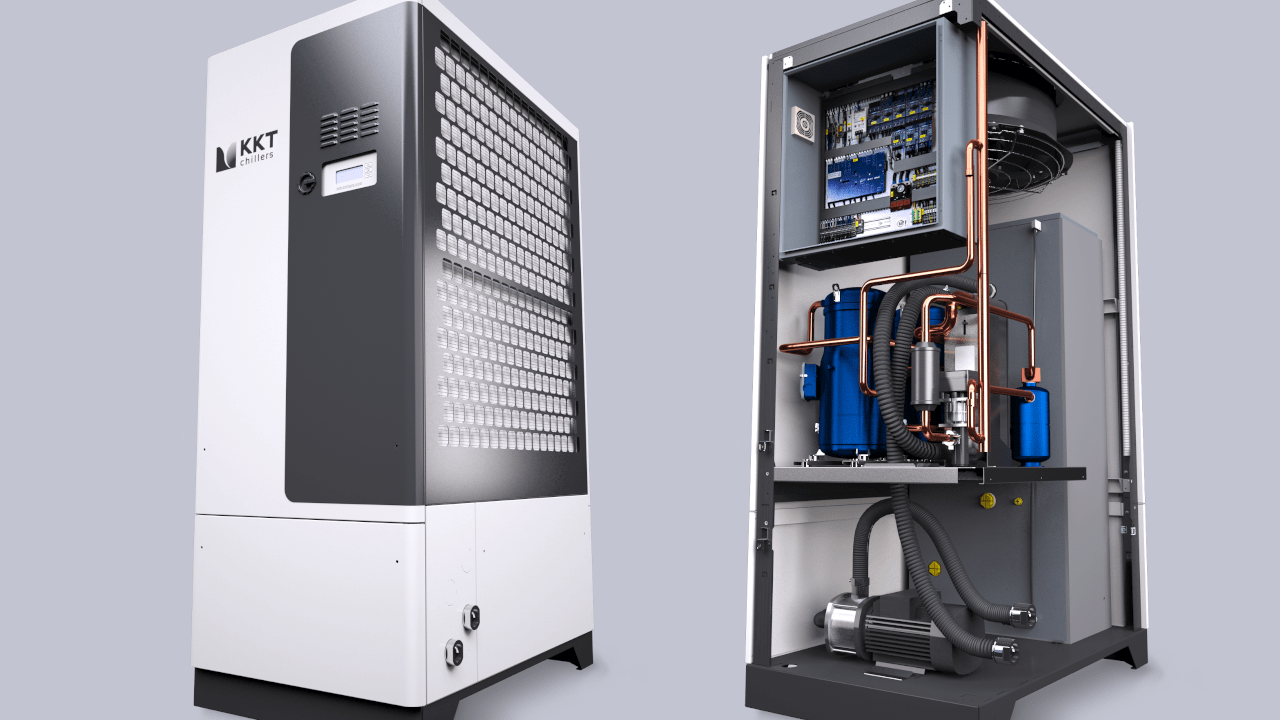 3D-Darstellung einer technischen Anlage mit geöffnetem Gehäuse zur Visualisierung interner Komponenten.