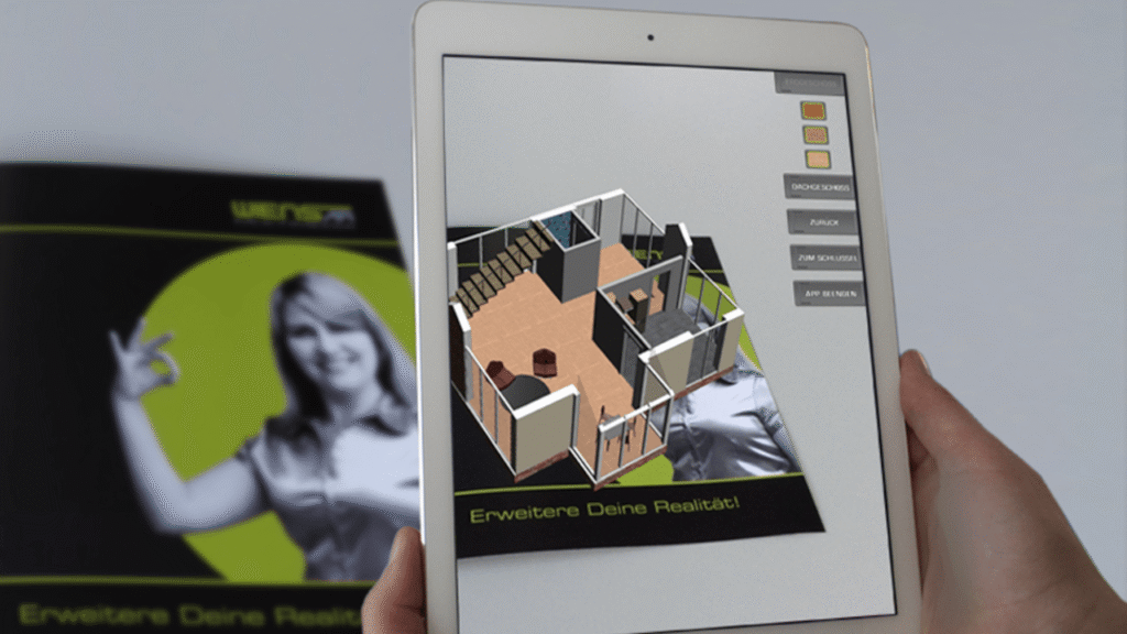 Interaktive AR-Broschüre mit 3D-Gebäudemodell, das Wände, Räume und Materialien zeigt.