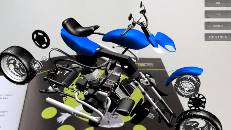 Augmented-Reality-Ansicht eines geöffneten Maschinenmodells, bei dem einzelne Bauteile in 3D sichtbar und drehbar sind.