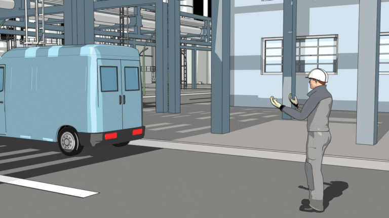 3D-Lernvideo: Sicherheitsanweisungen zur Fahrzeug- und Fußgängersituation im Werksgelände.