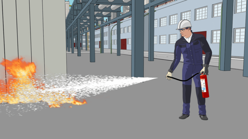 Interaktives E-Learning-Modul zur Sicherheitsunterweisung mit Brandschutz-Simulation.