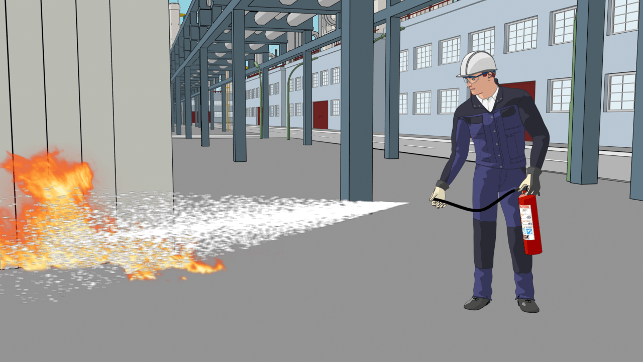 Interaktives E-Learning-Modul zur Sicherheitsunterweisung mit Brandschutz-Simulation.