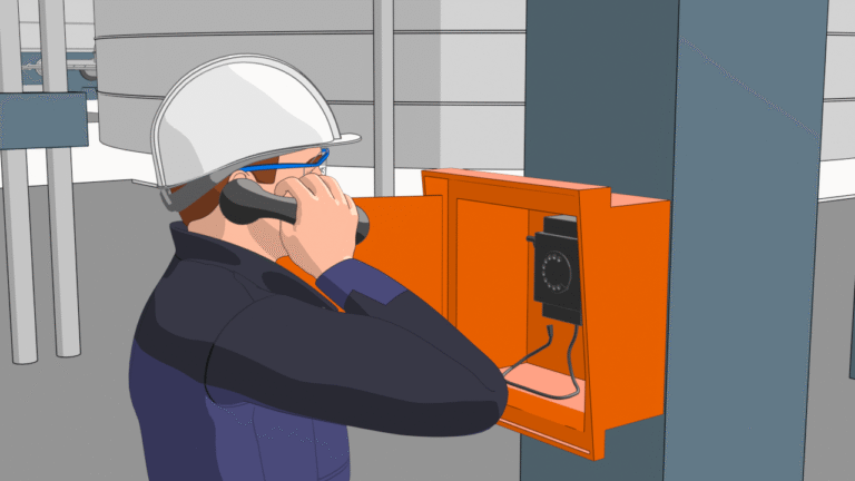 3D-Sicherheitsunterweisung: Mitarbeitender nutzt Funkgerät in industrieller Umgebung.