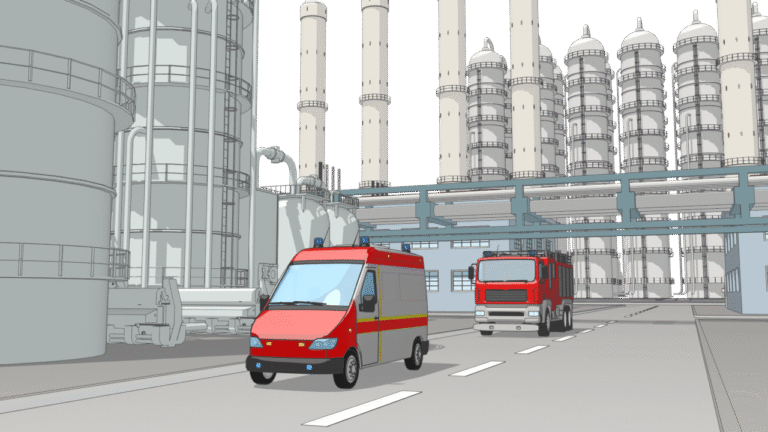 3D-Darstellung eines Werkgeländes mit zwei roten Einsatzfahrzeugen, die sich durch die Industrieanlage bewegen.