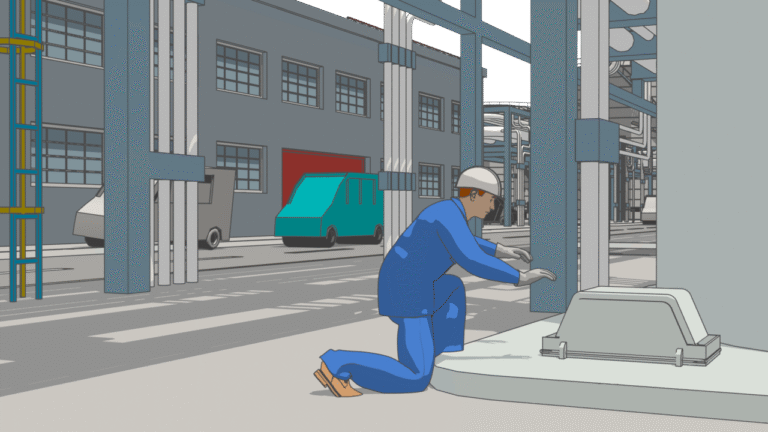 3D-Szene einer Industrieanlage: Ein Mitarbeiter kniet am Boden und führt eine sicherheitsrelevante Handlung an einem technischen Bauteil aus.