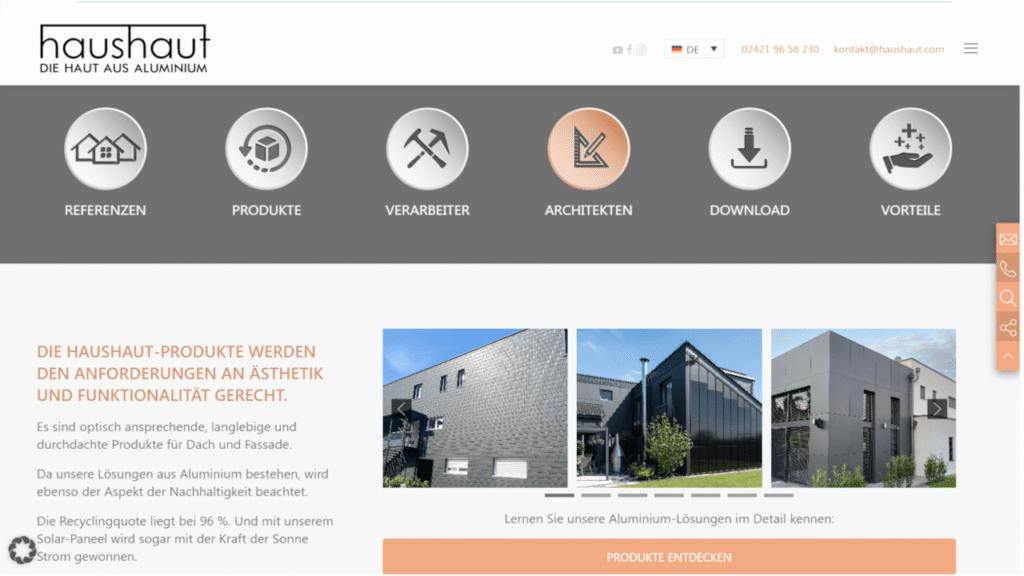 Webdesign-Screenshot einer Produkt- und Architektenseite mit klarer UX-Struktur