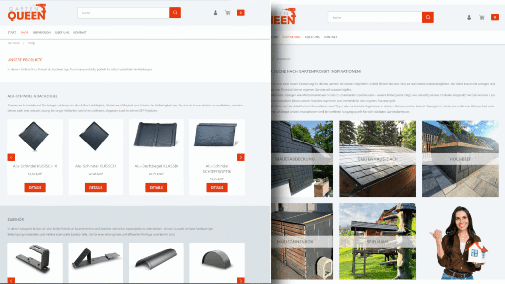 Webdesign eines Produktkatalogs mit Bildergalerie, Navigation und strukturierter Produktdarstellung.