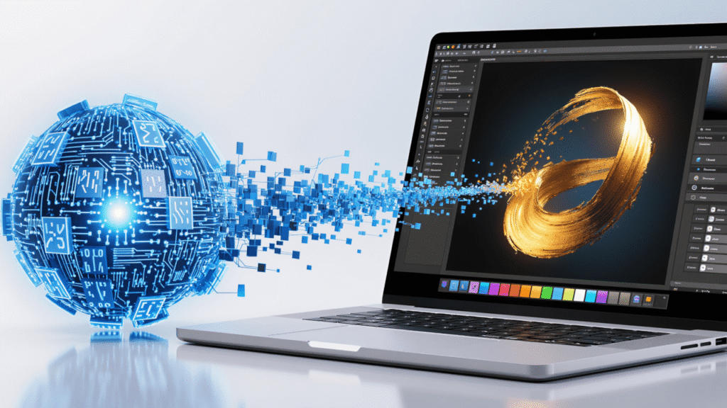 Digitale 3D-Kugel mit Datenstruktur, die in ein Laptop mit Grafiksoftware übergeht