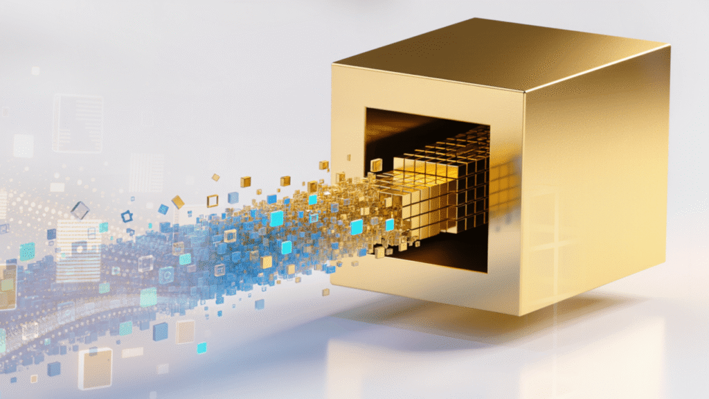 Goldener 3D-Block mit digital abstrahierten Datenwürfeln