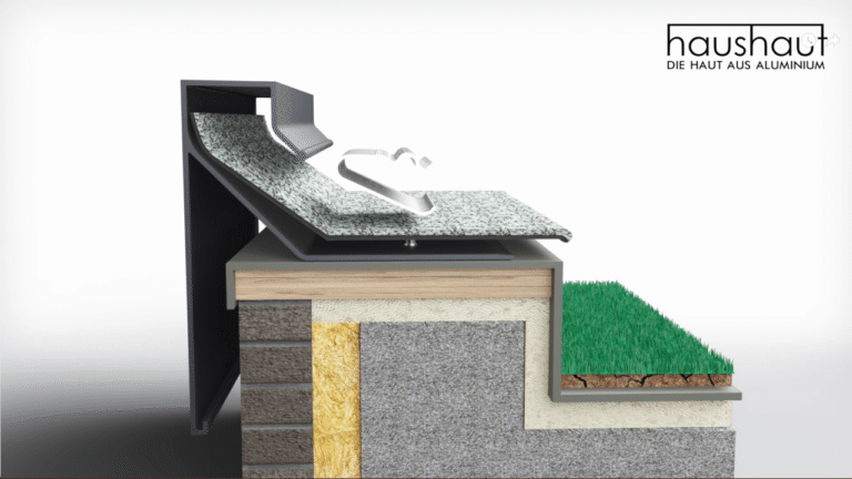 3D-Visualisierung eines Fassadenaufbaus mit Materialschichten und Aluminiumprofil