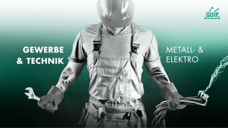 Handwerker in Schutzkleidung und Helm steht vor einer grünen technischen Grafik, die die Branchen Gewerbe und Technik darstellt.